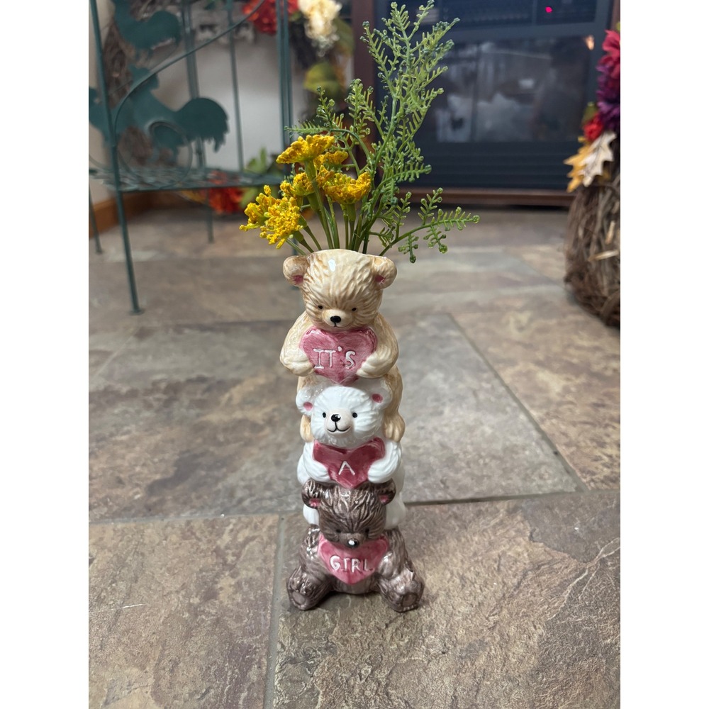 Vintage Ceramic Its A Girl Teddy Bear Stack Bud Vase Nursery Decor Pink Hearts